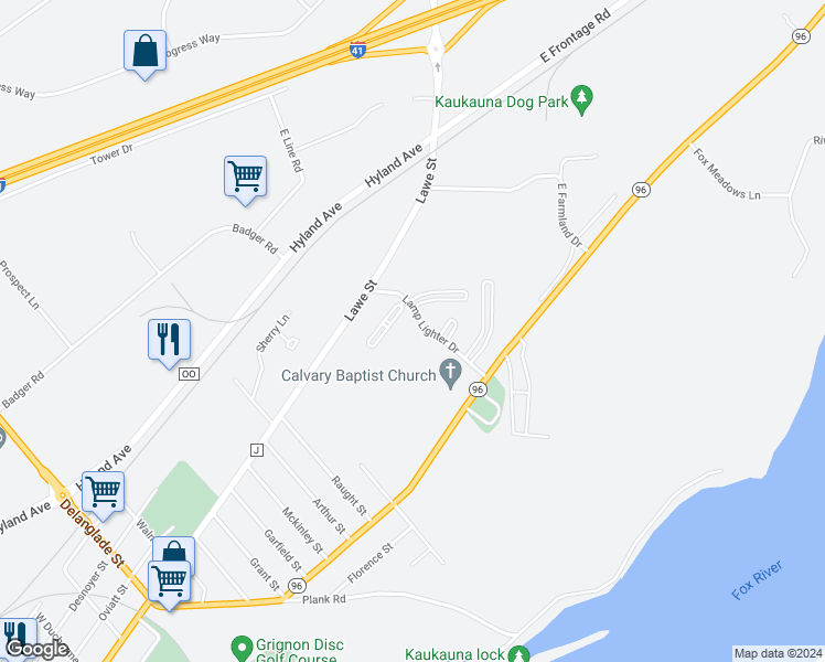 map of restaurants, bars, coffee shops, grocery stores, and more near 115 Lamp Lighter Drive in Kaukauna