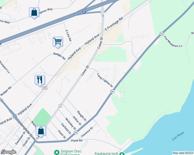 map of restaurants, bars, coffee shops, grocery stores, and more near 127 Lamp Lighter Drive in Kaukauna