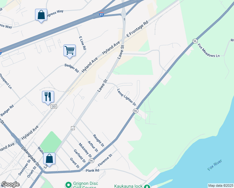 map of restaurants, bars, coffee shops, grocery stores, and more near 121 Lamp Lighter Drive in Kaukauna