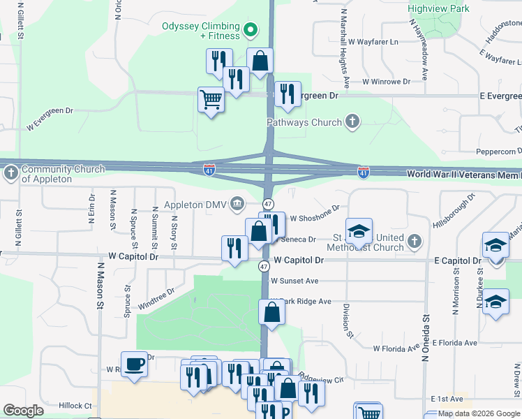 map of restaurants, bars, coffee shops, grocery stores, and more near 3525 North Richmond Street in Appleton