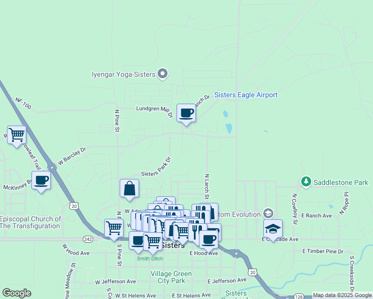 map of restaurants, bars, coffee shops, grocery stores, and more near 581 North Larch Street in Sisters