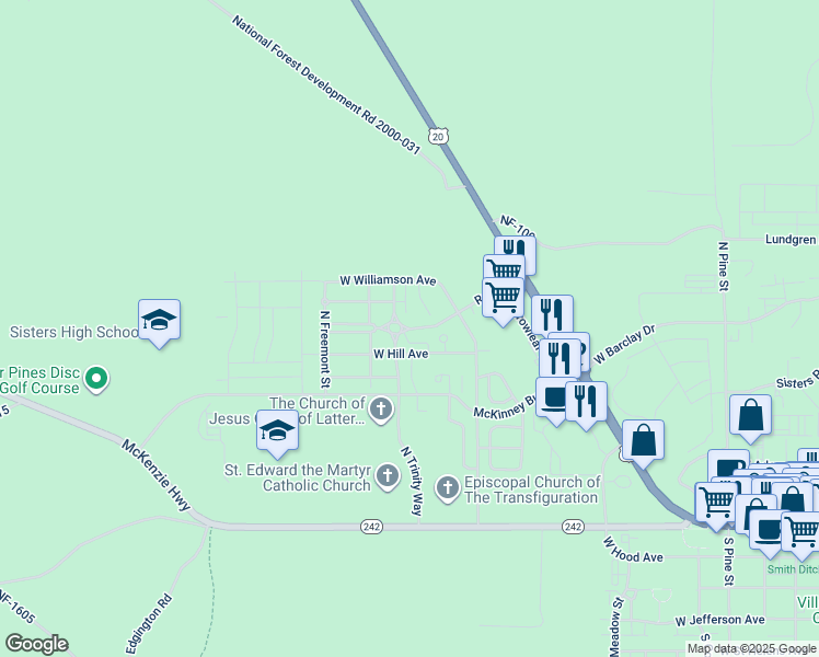 map of restaurants, bars, coffee shops, grocery stores, and more near 1026 West Rail Way in Sisters