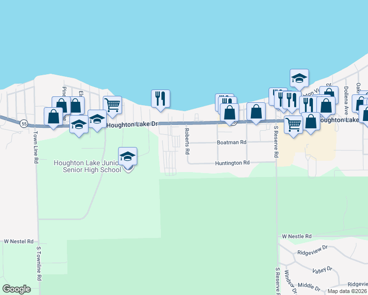 map of restaurants, bars, coffee shops, grocery stores, and more near 201-215 Roberts Road in Houghton Lake