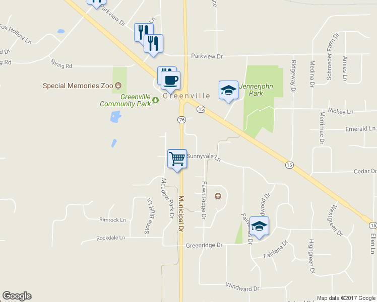 map of restaurants, bars, coffee shops, grocery stores, and more near W6894 Sunnyvale Lane in Greenville