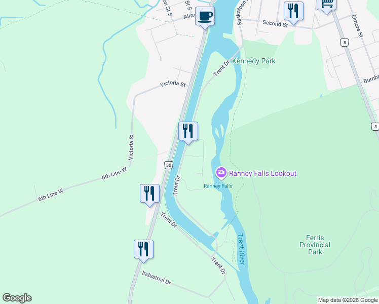 map of restaurants, bars, coffee shops, grocery stores, and more near 49 Trent Drive in Campbellford