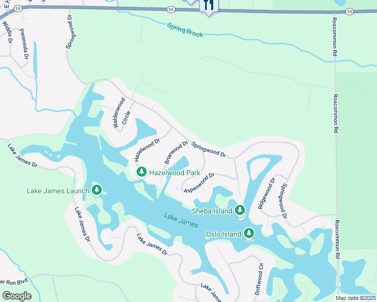 map of restaurants, bars, coffee shops, grocery stores, and more near 101 Briarwood Drive in Roscommon County