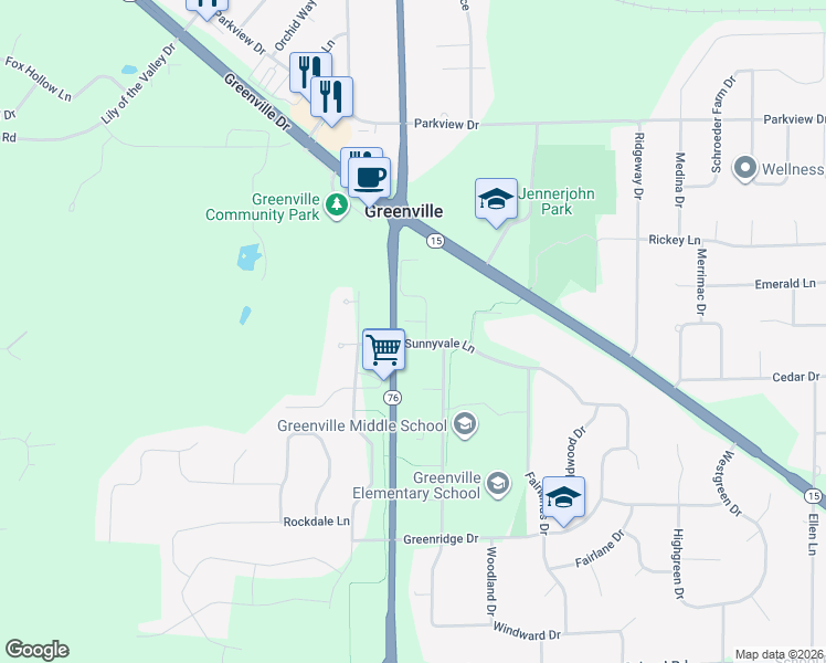 map of restaurants, bars, coffee shops, grocery stores, and more near W6894 Sunnyvale Lane in Greenville