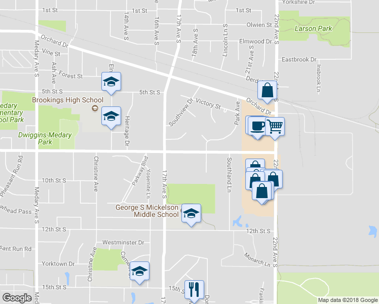 map of restaurants, bars, coffee shops, grocery stores, and more near 1858 8th Street South in Brookings