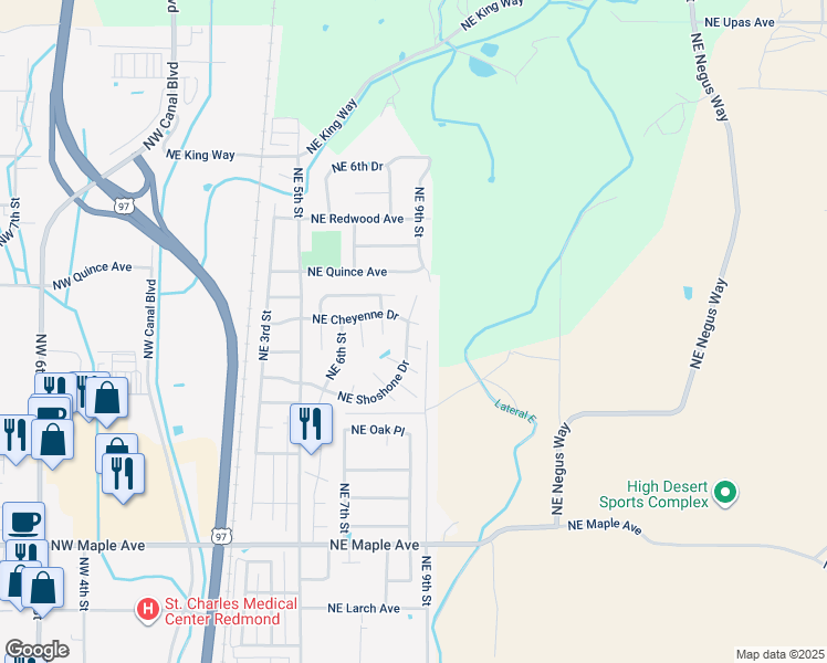 map of restaurants, bars, coffee shops, grocery stores, and more near 844 Northeast Shoshone Drive in Redmond