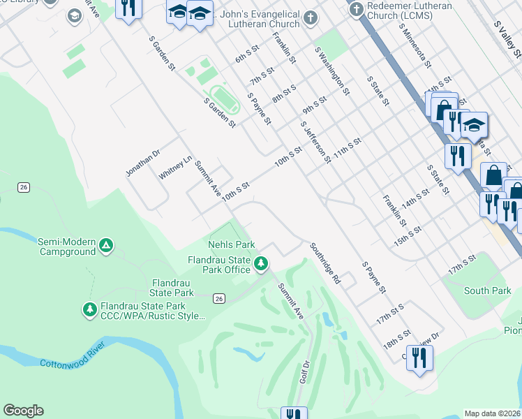 map of restaurants, bars, coffee shops, grocery stores, and more near 1112 Southridge Road in New Ulm