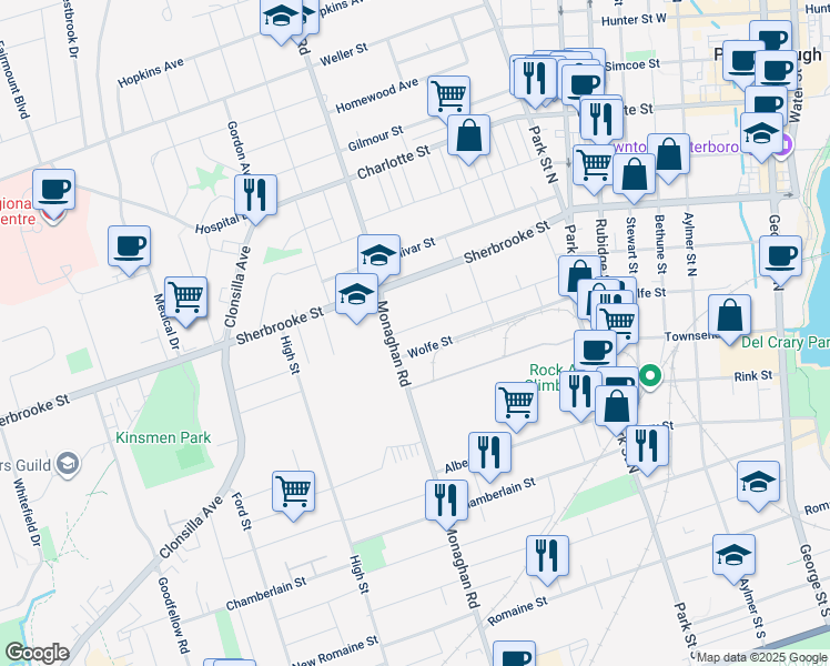 map of restaurants, bars, coffee shops, grocery stores, and more near 574 Wolfe Street in Peterborough