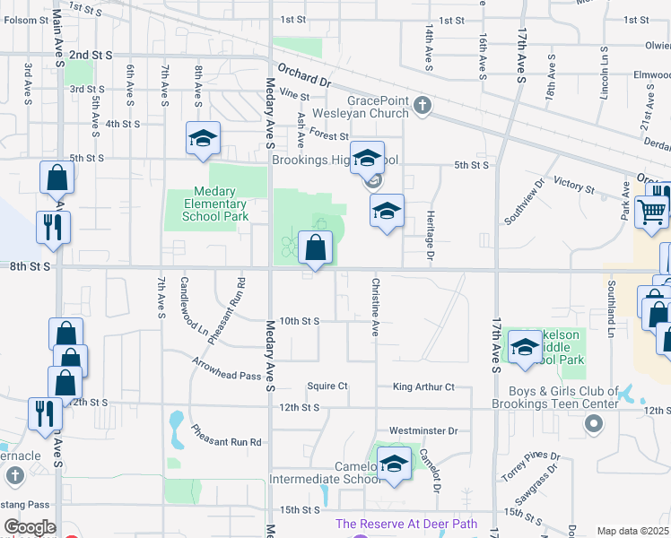 map of restaurants, bars, coffee shops, grocery stores, and more near 1200 8th Street South in Brookings