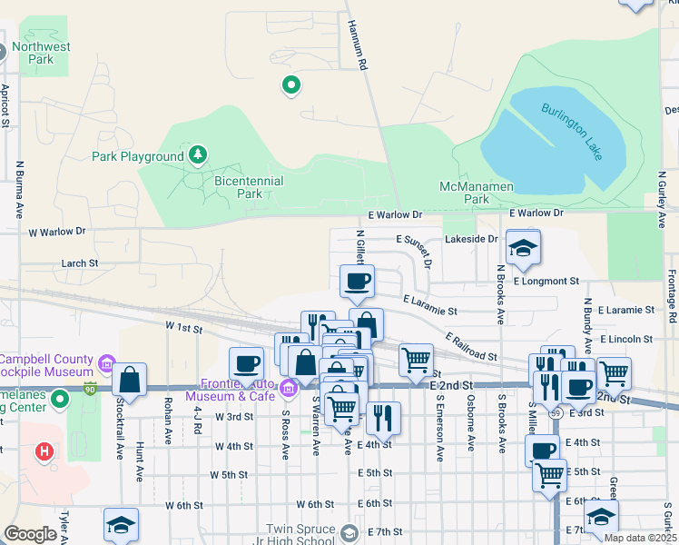 map of restaurants, bars, coffee shops, grocery stores, and more near 102 West Laramie Street in Gillette