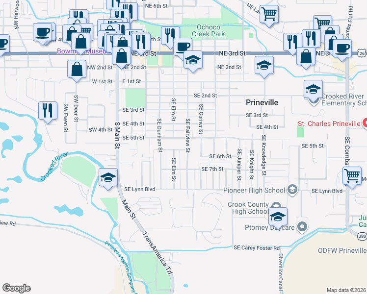 map of restaurants, bars, coffee shops, grocery stores, and more near 512 Southwest 6th Street in Metolius