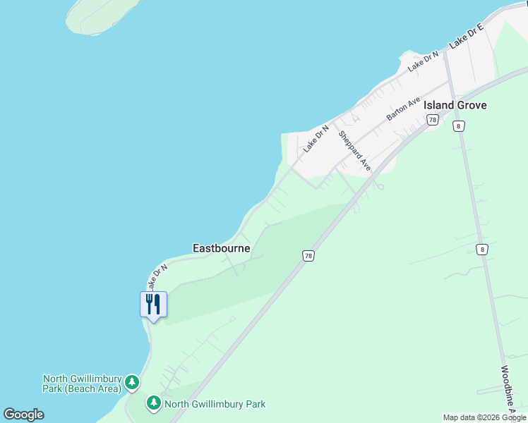 map of restaurants, bars, coffee shops, grocery stores, and more near 907 Lake Drive in Georgina