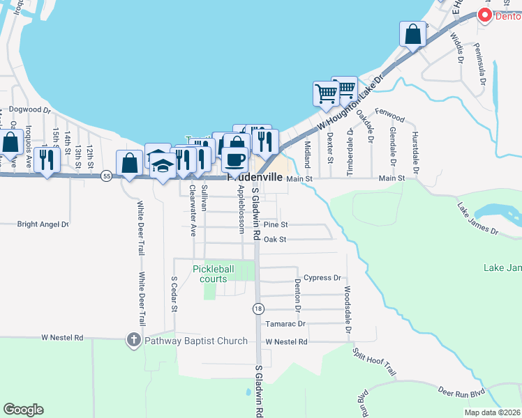 map of restaurants, bars, coffee shops, grocery stores, and more near 101 Aspen Street in Roscommon County
