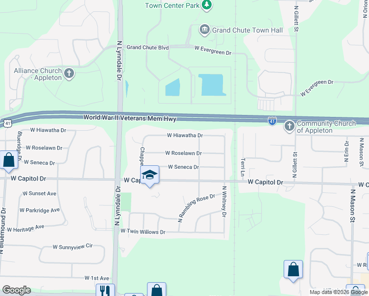 map of restaurants, bars, coffee shops, grocery stores, and more near 2221 West Roselawn Drive in Appleton