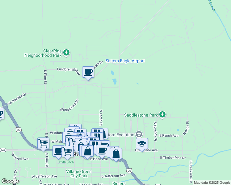 map of restaurants, bars, coffee shops, grocery stores, and more near Sisters to Smith Rock Scenic Bikeway in Sisters