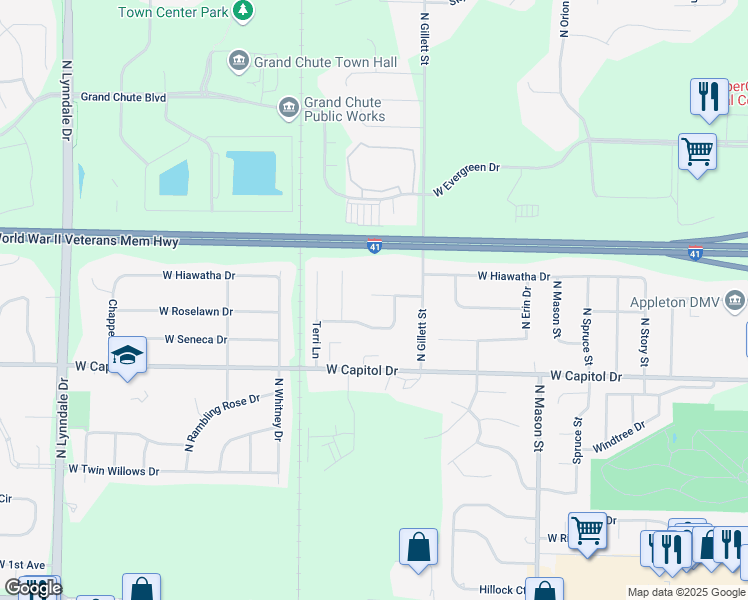 map of restaurants, bars, coffee shops, grocery stores, and more near 1670 West Roselawn Drive in Appleton
