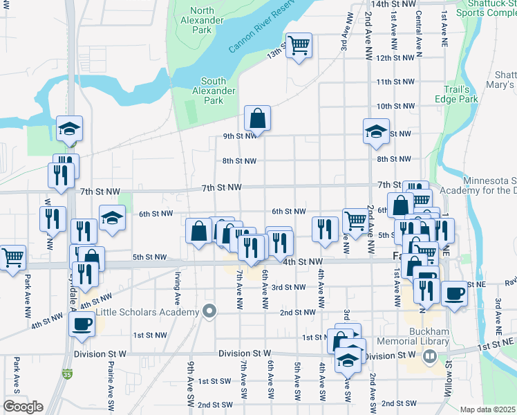 map of restaurants, bars, coffee shops, grocery stores, and more near 619 6th Street Northwest in Faribault