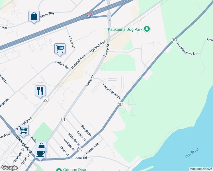 map of restaurants, bars, coffee shops, grocery stores, and more near 120 Lamp Lighter Drive in Kaukauna
