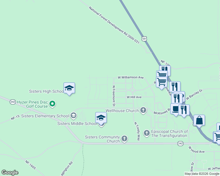 map of restaurants, bars, coffee shops, grocery stores, and more near 623 North Freemont Street in Sisters