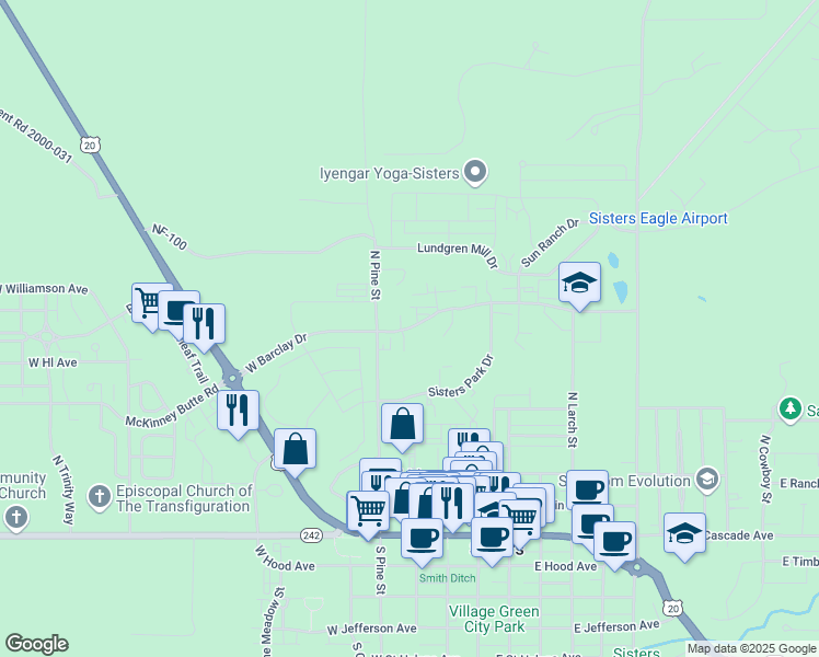 map of restaurants, bars, coffee shops, grocery stores, and more near West Barclay Drive in Sisters