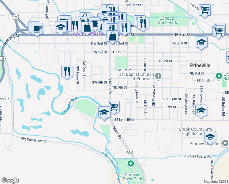 map of restaurants, bars, coffee shops, grocery stores, and more near 240 Southeast 5th Street in Prineville
