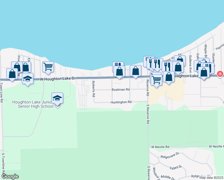 map of restaurants, bars, coffee shops, grocery stores, and more near 201 Homestead Road in Houghton Lake