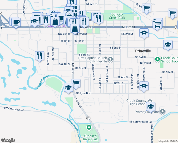 map of restaurants, bars, coffee shops, grocery stores, and more near 290 Southeast 5th Street in Prineville