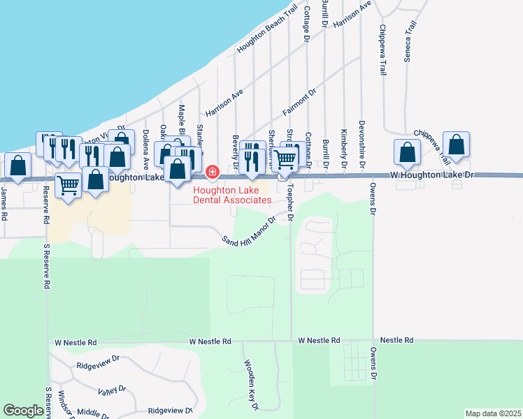 map of restaurants, bars, coffee shops, grocery stores, and more near 202 Toepher Drive in Houghton Lake