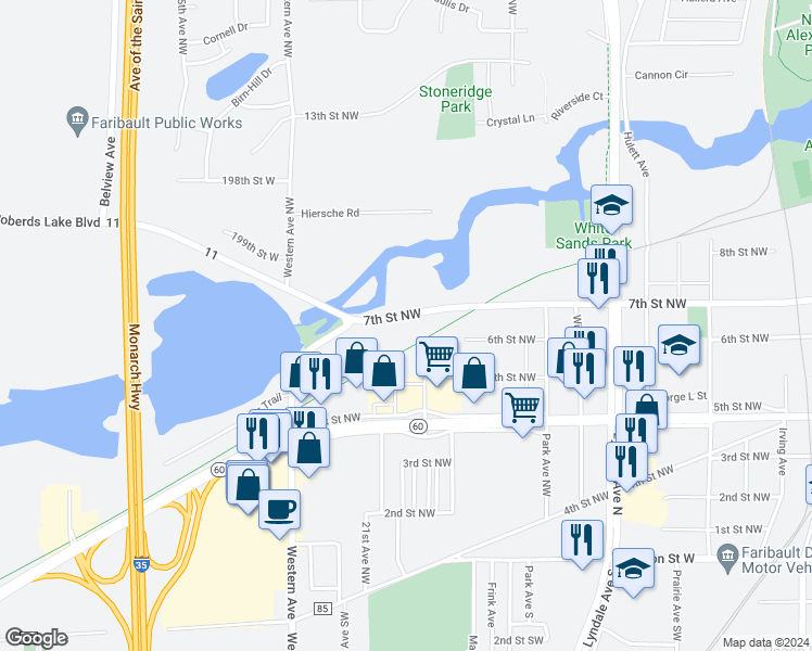 map of restaurants, bars, coffee shops, grocery stores, and more near 1810 5th Street Northwest in Faribault