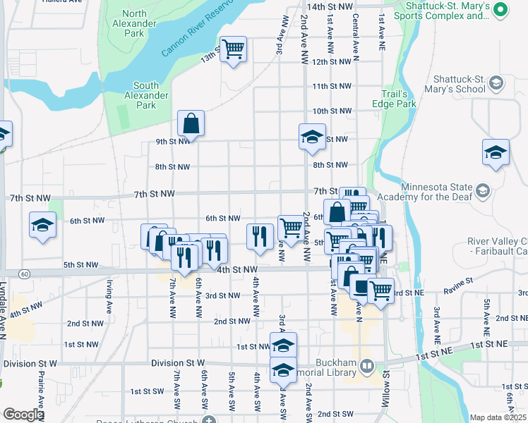 map of restaurants, bars, coffee shops, grocery stores, and more near 322 6th Street Northwest in Faribault