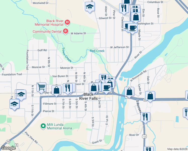 map of restaurants, bars, coffee shops, grocery stores, and more near 215 Harrison Street in Black River Falls