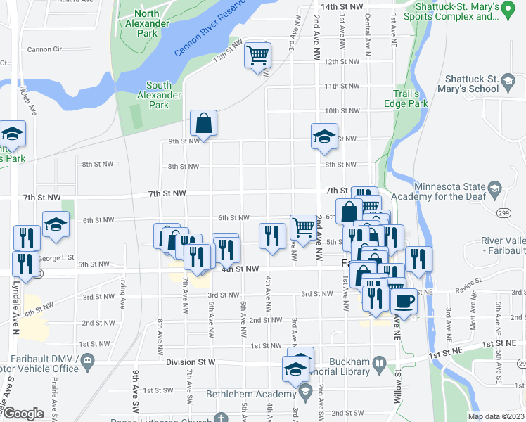 map of restaurants, bars, coffee shops, grocery stores, and more near 404 6th Street Northwest in Faribault