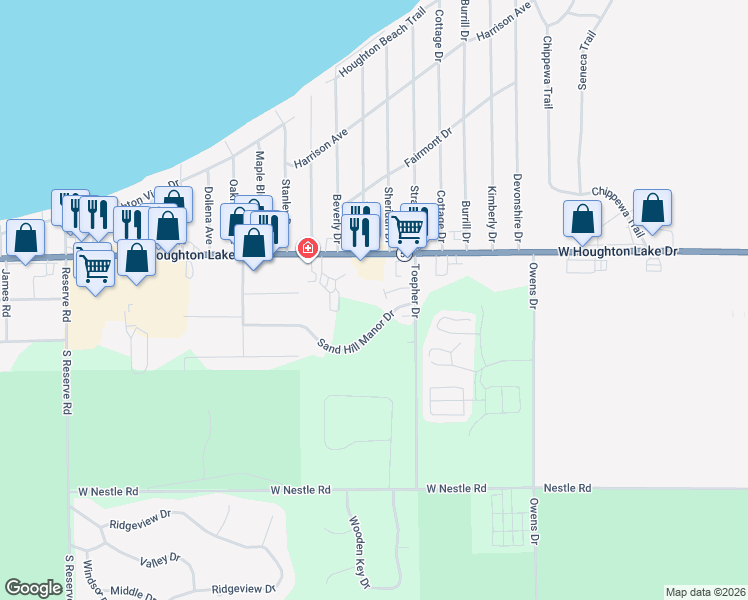 map of restaurants, bars, coffee shops, grocery stores, and more near 202 Toepher Drive in Houghton Lake