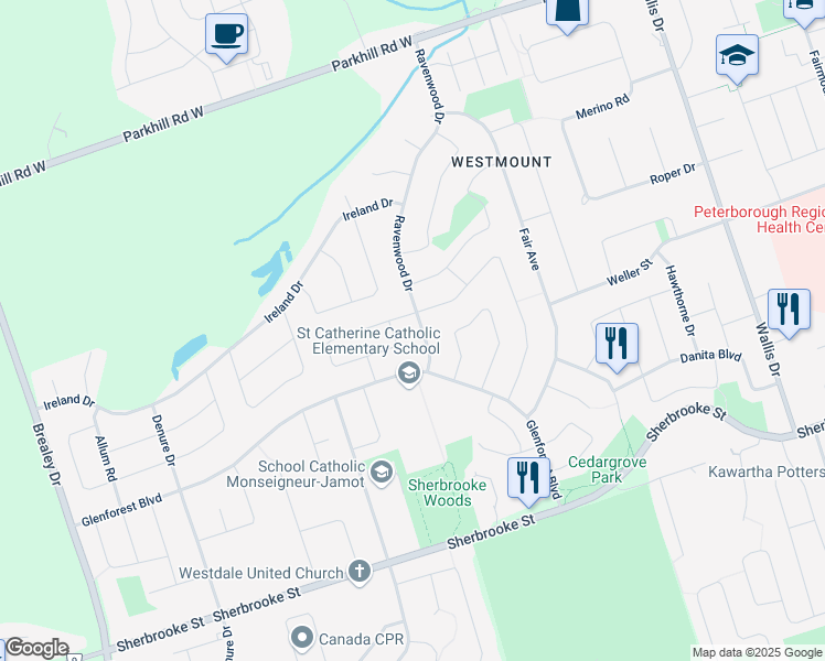map of restaurants, bars, coffee shops, grocery stores, and more near 1330 Wildlark Drive in Peterborough