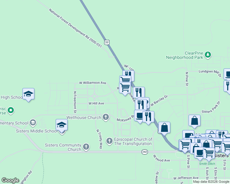 map of restaurants, bars, coffee shops, grocery stores, and more near 750 Brooks Camp Road in Sisters