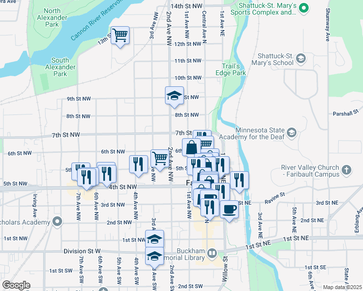 map of restaurants, bars, coffee shops, grocery stores, and more near 112 6th Street Northwest in Faribault