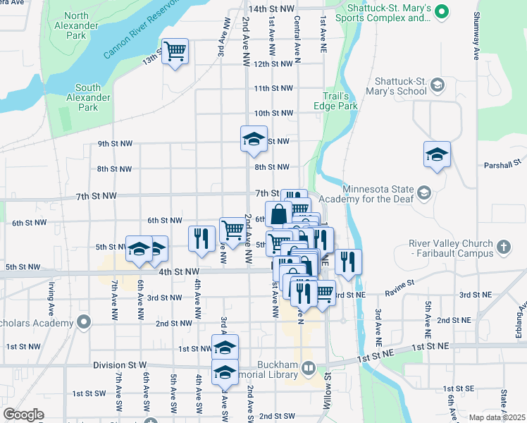 map of restaurants, bars, coffee shops, grocery stores, and more near 112 6th Street Northwest in Faribault