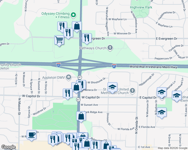 map of restaurants, bars, coffee shops, grocery stores, and more near 35 Apache Place Court in Appleton