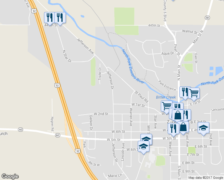 map of restaurants, bars, coffee shops, grocery stores, and more near 28 Jefferson Drive in Zumbrota