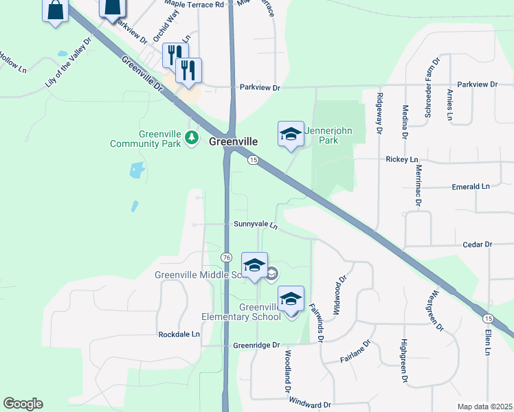 map of restaurants, bars, coffee shops, grocery stores, and more near W6683 Greenville Drive in Greenville