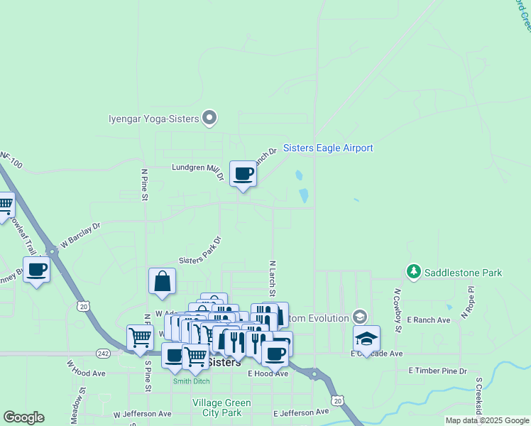 map of restaurants, bars, coffee shops, grocery stores, and more near W Barclay Dr in Sisters