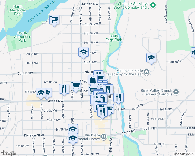map of restaurants, bars, coffee shops, grocery stores, and more near 628 Central Avenue North in Faribault