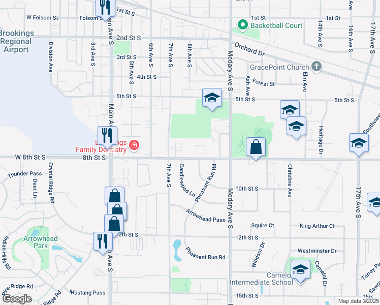 map of restaurants, bars, coffee shops, grocery stores, and more near 802 Prairie View Drive in Brookings