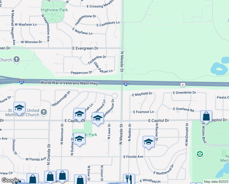 map of restaurants, bars, coffee shops, grocery stores, and more near 28 Northbreeze Circle in Appleton