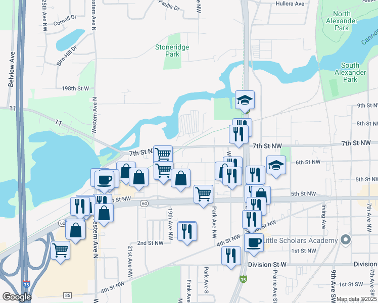 map of restaurants, bars, coffee shops, grocery stores, and more near 1811 7th Street Northwest in Faribault
