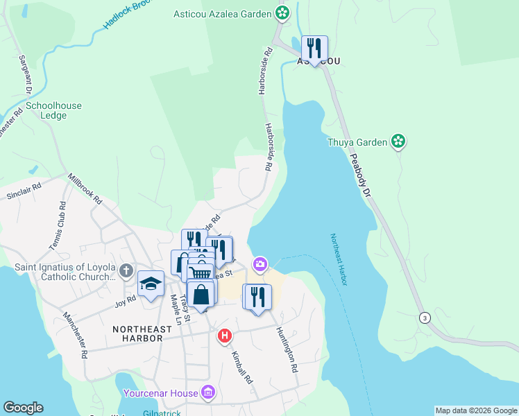 map of restaurants, bars, coffee shops, grocery stores, and more near 48 Harborside Road in Mount Desert