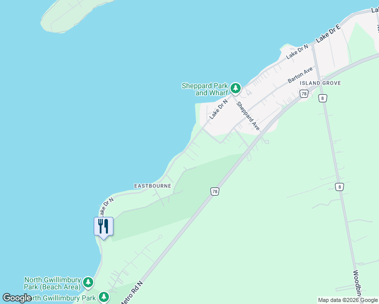 map of restaurants, bars, coffee shops, grocery stores, and more near 919 Lake Drive North in Georgina